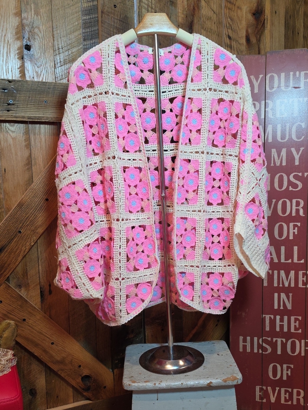 226p POL Pink Crochet Square Open-Front Cardigan with Cream Trim